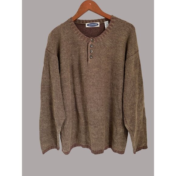 Vintage Express Mens Brown Button Henley Sweater Size XL Cotton Ramie Blend - Picture 1 of 9